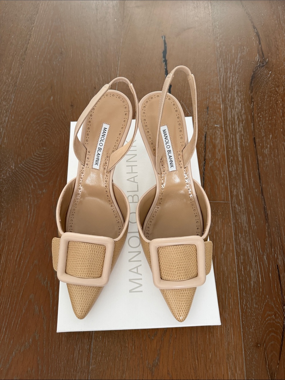 Manolo Blahnik Beige Pointed-Toe Slingback Heels with Buckle